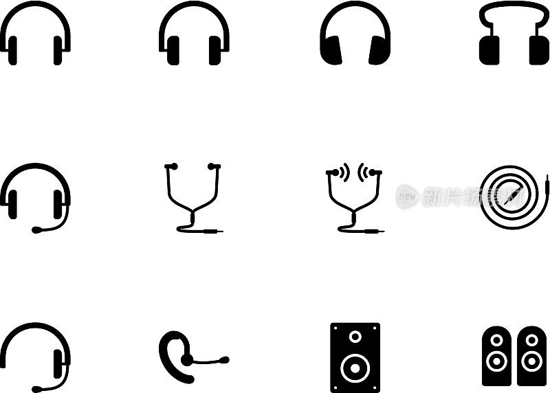 Headphones and speakers icons on white background.